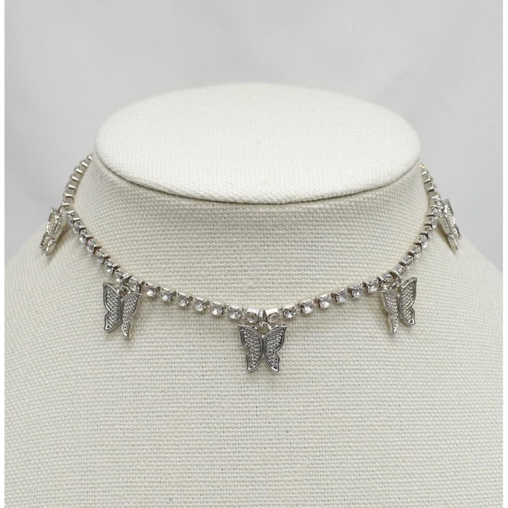 Silver Rhinestone Butterfly Charm Choker Necklace Y2K Bling Jewelry Adjustable